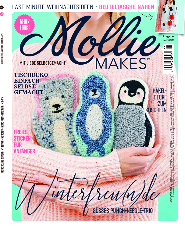 Bunte, handgemachte Punch-Needle-Figuren: Eisbär, Pinguin und Robbe im DIY-Look auf rosa Pullover.