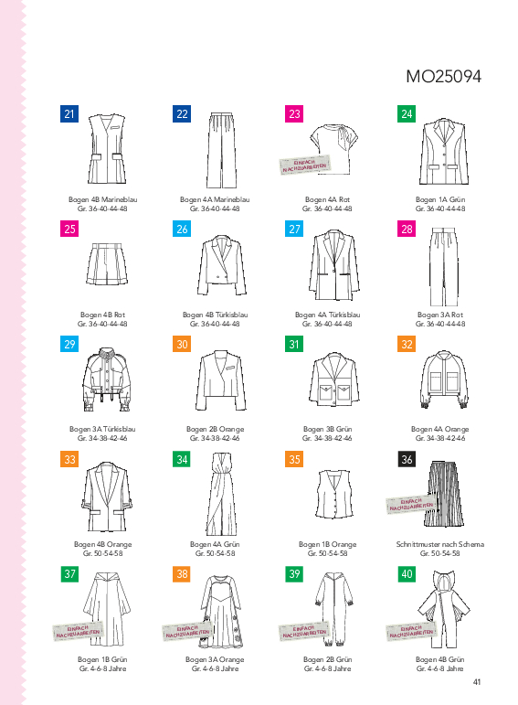 Stilvolle Schnittmuster in kräftigen Farben, ideal für handgefertigte Outfits, modisch und vielfältig.