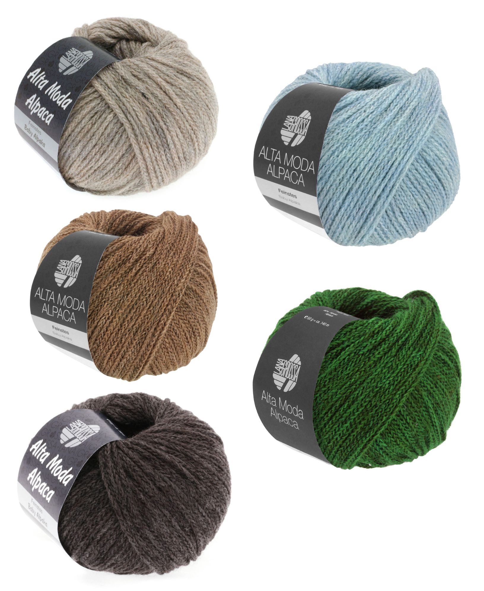 Hochwertige, weiche Alpaka-Wolle in Beige, Blau, Braun, Grün und Dunkelgrau. Perfekt für modische DIY-Projekte.