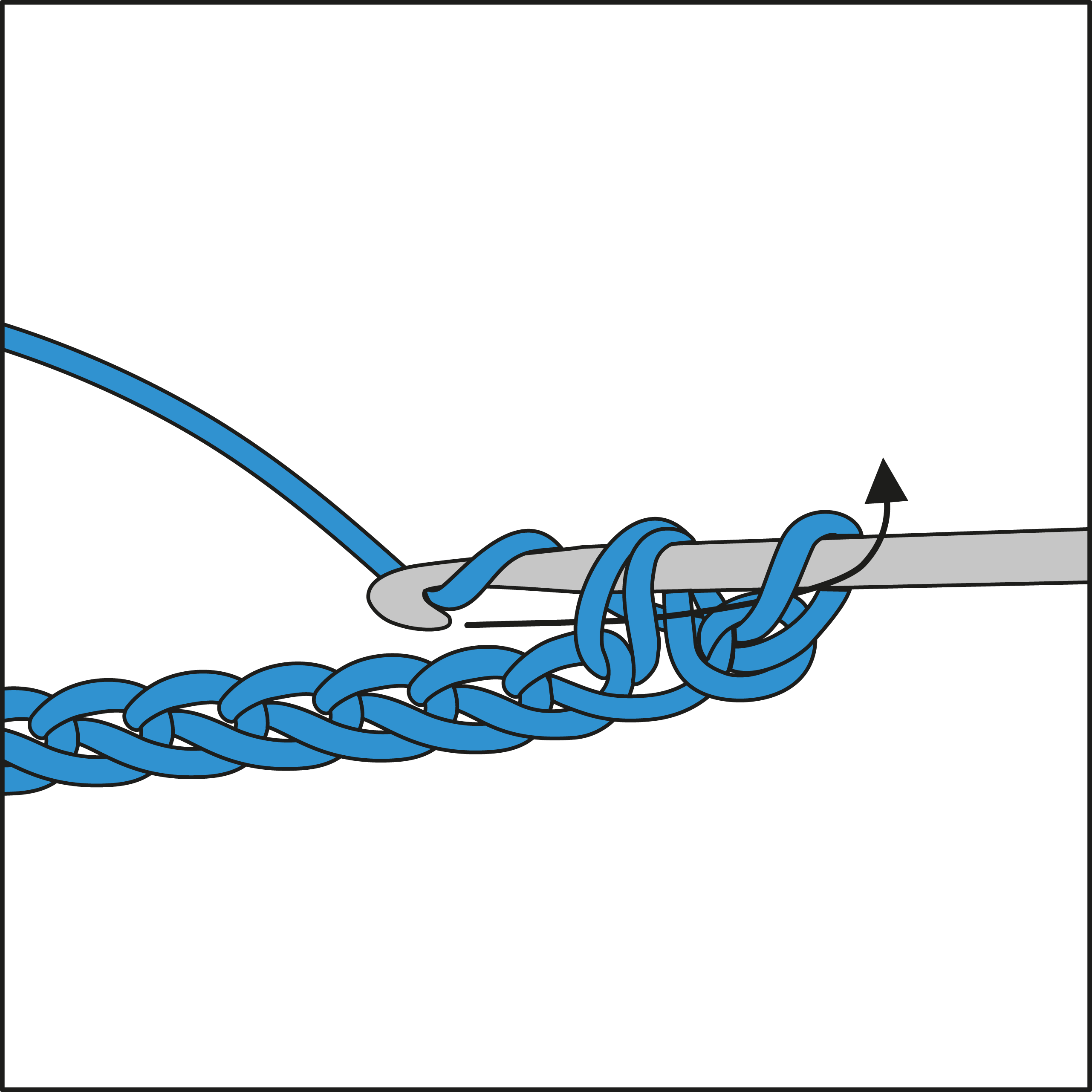 Illustration einer Kettmasche mit blauer Wolle. Modisches DIY-Handarbeitshandwerk.