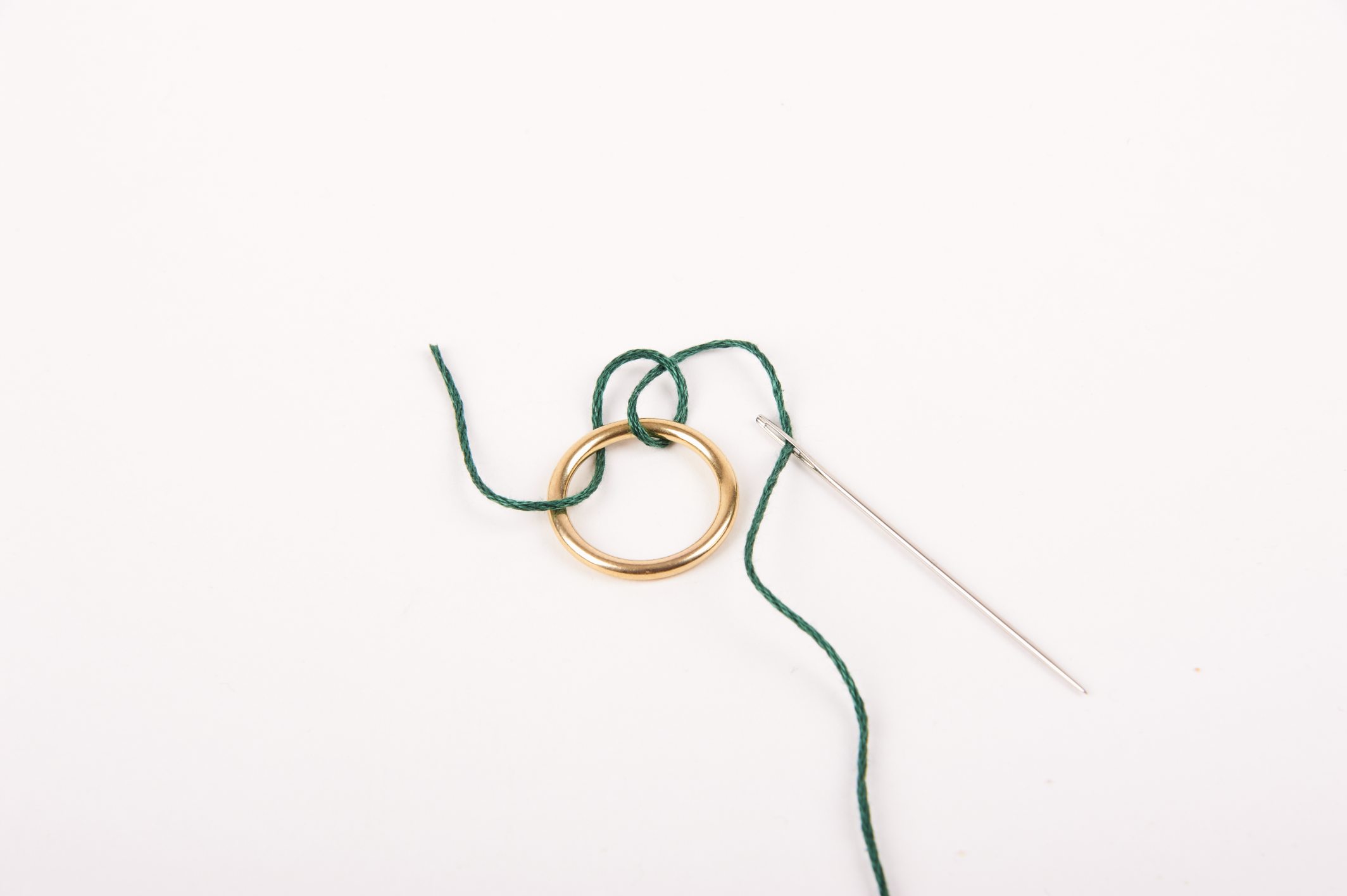 Goldener Ring, grünes Garn, Nadel - perfekt für handgemachte Kreationen.