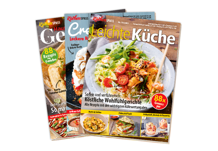 Bunte Magazintitel mit appetitanregenden Food-Fotos; Schwerpunkt auf gesunder Ernährung und Genuss.