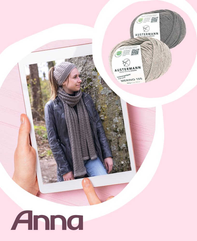 Strickset -Zopfmütze und Schal in Beige-Braun-meliert