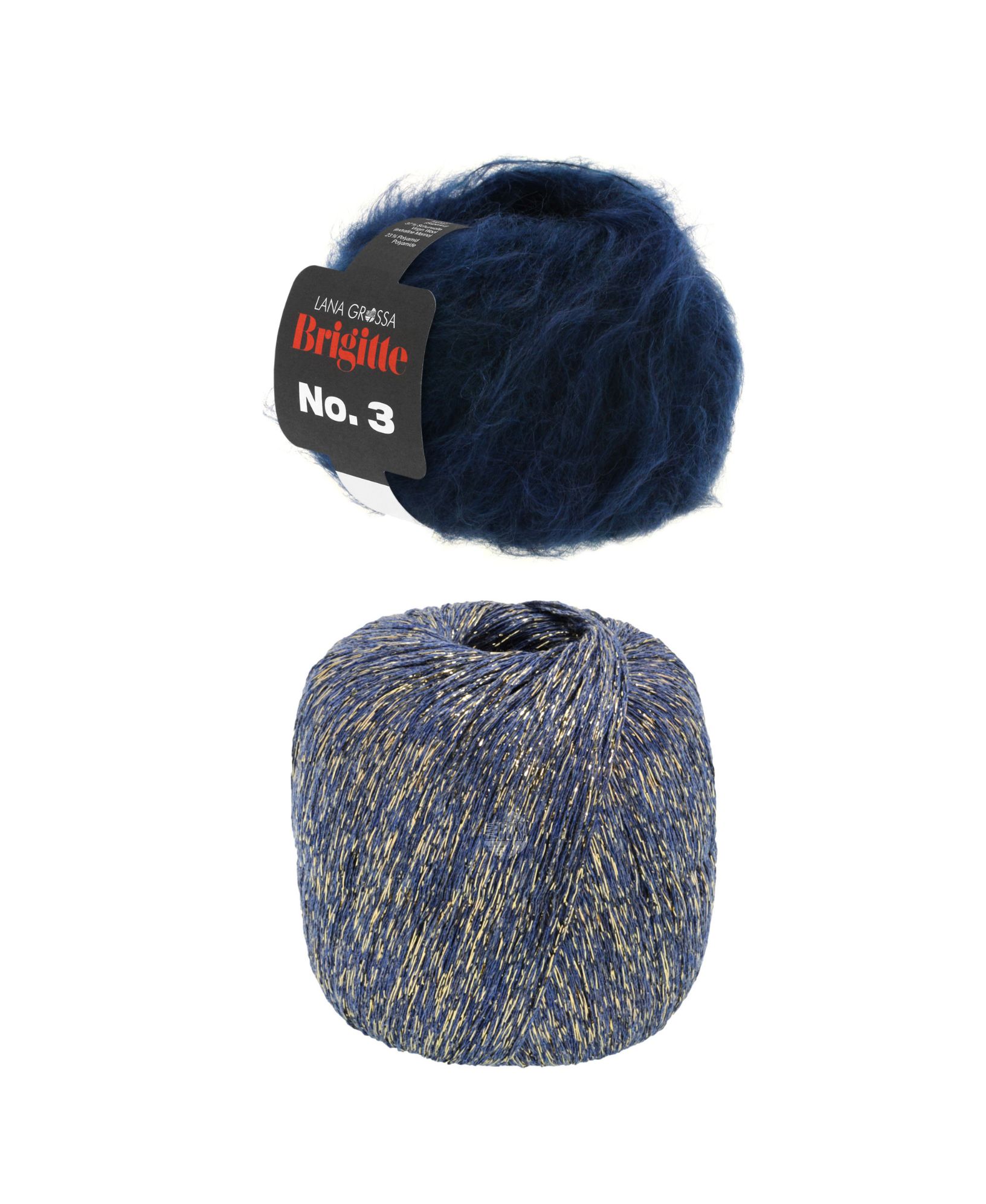 Dunkelblaues Mohair und blau-goldenes Glanzgarn. Ideal für modische DIY-Projekte. Luxuriöser Look.