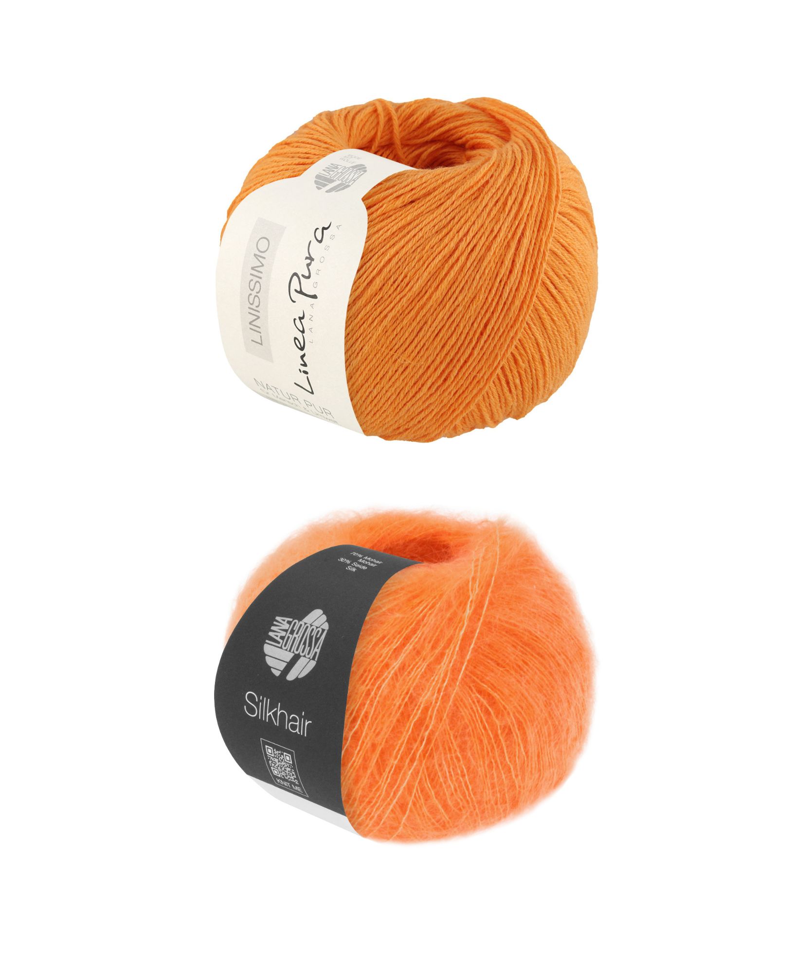 Zwei orange Garnknäuel, glatt und flauschig. Ideal für modische DIY-Handarbeiten. Lebendige Farbgestaltung.
