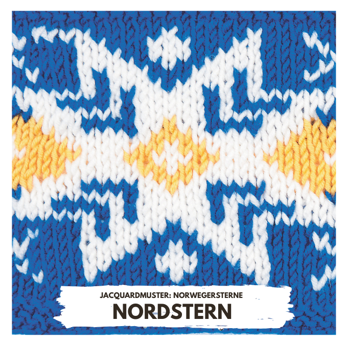 Norwegermuster in Blau, Weiß und Gelb. Handgearbeitet, geometrisch, nordisch inspiriert.