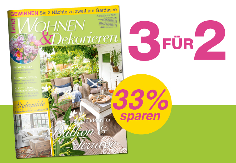 Lena Wohnen & Dekorieren - 3 Ausgaben lesen und 33 % sparen Moderne, stilvolle Designs mit natürlichen Farben. Elegante Wohnaccessoires, harmonisch und zeitlos.