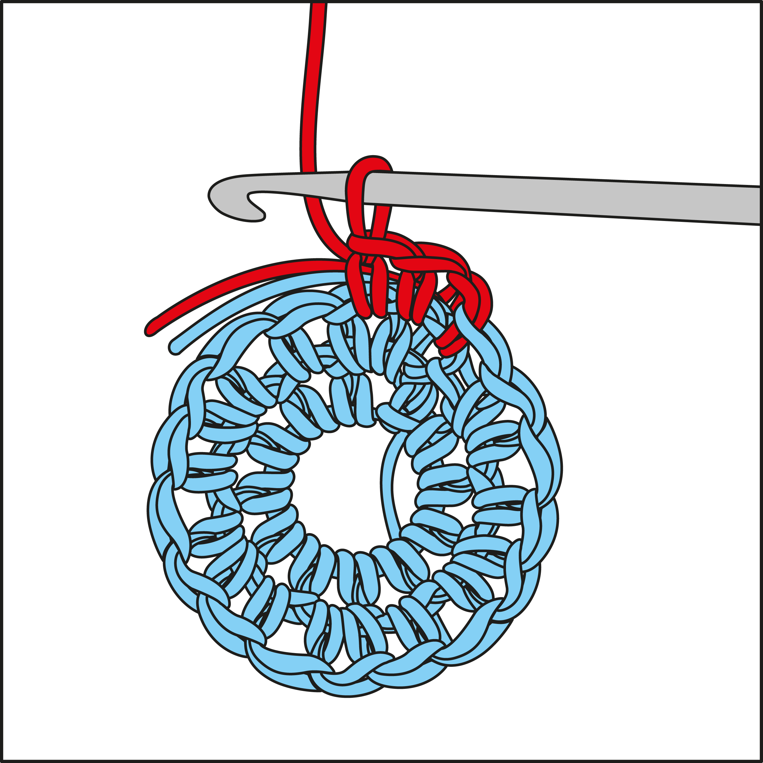 Selbstgemachter, runder Häkelring in Blau und Rot, mit Häkelnadel. Handarbeit, DIY, kreativ.