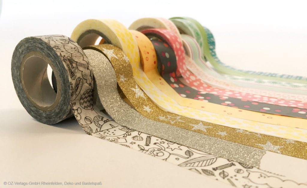 Vielseitige Washi Tapes in gelb, pink, grün; mit Mustern, Glitzer; ideal für DIY, Handarbeiten.