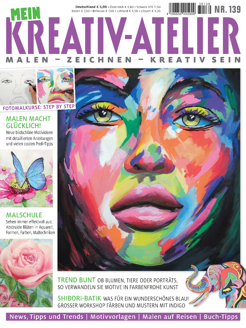 Buntes Porträt mit kräftigen Farben, abstrakte Muster; modisch, kreativ, DIY.