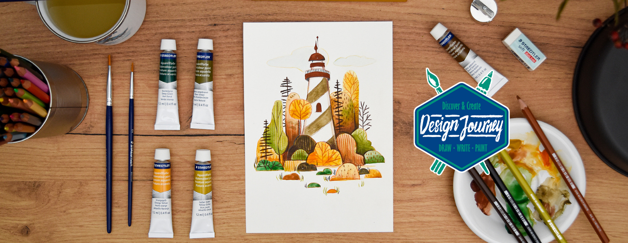 Leuchtturm-Bild in warmen Herbsttönen mit Aquarellfarben und Pinseln. DIY, handgemacht, künstlerisch.