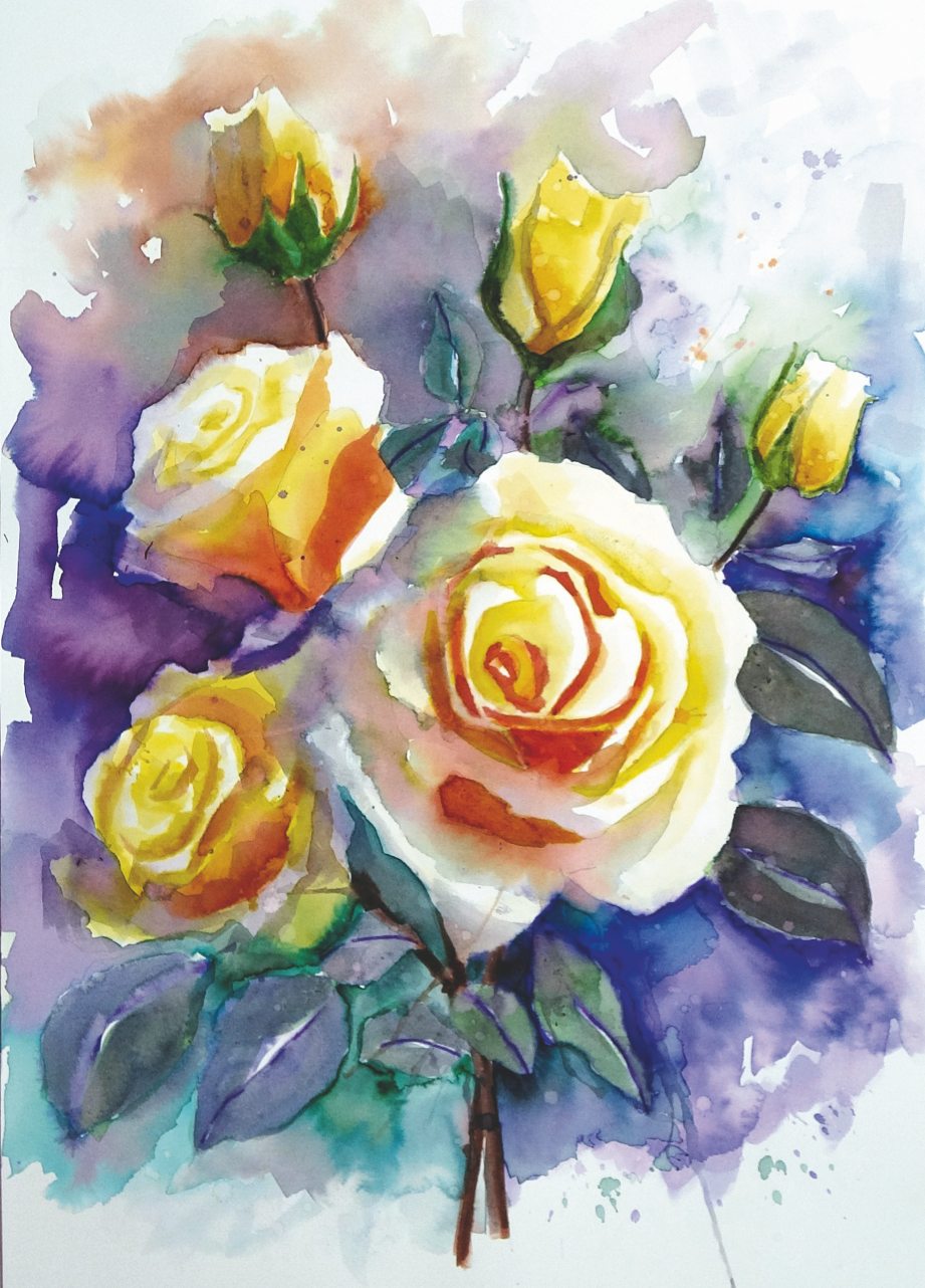Lebendige Aquarellrosen in gelb und rosa Tönen, fließende Farben, handgemacht, kunstvoll inszeniert.