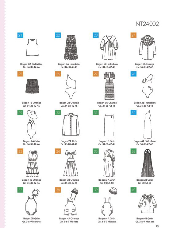 Stilvolle Designs: schlichte Tops, gemusterte Kleider, modische Schnitte. Perfekt für DIY-Nähprojekte.