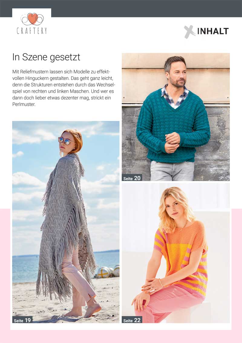 Grau melierter Poncho mit Fransen; türkisfarbener Strickpullover; orange-pink gestreiftes Oberteil. Modisch und handgemacht.