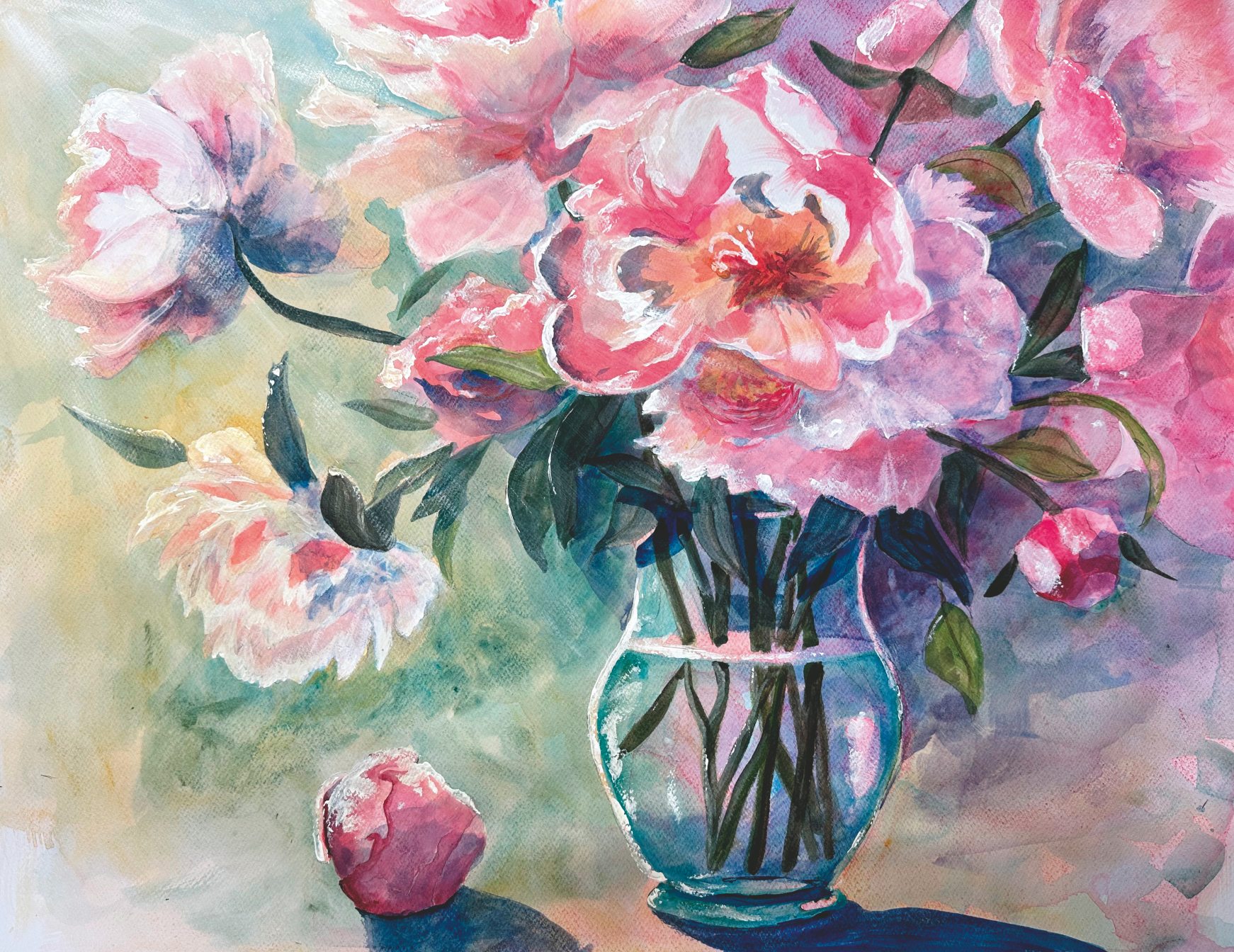 Handgemalte Blumen in kräftigen Rosa- und Grüntönen, künstlerisch arrangiert in einer Vase. Lebendig und harmonisch.