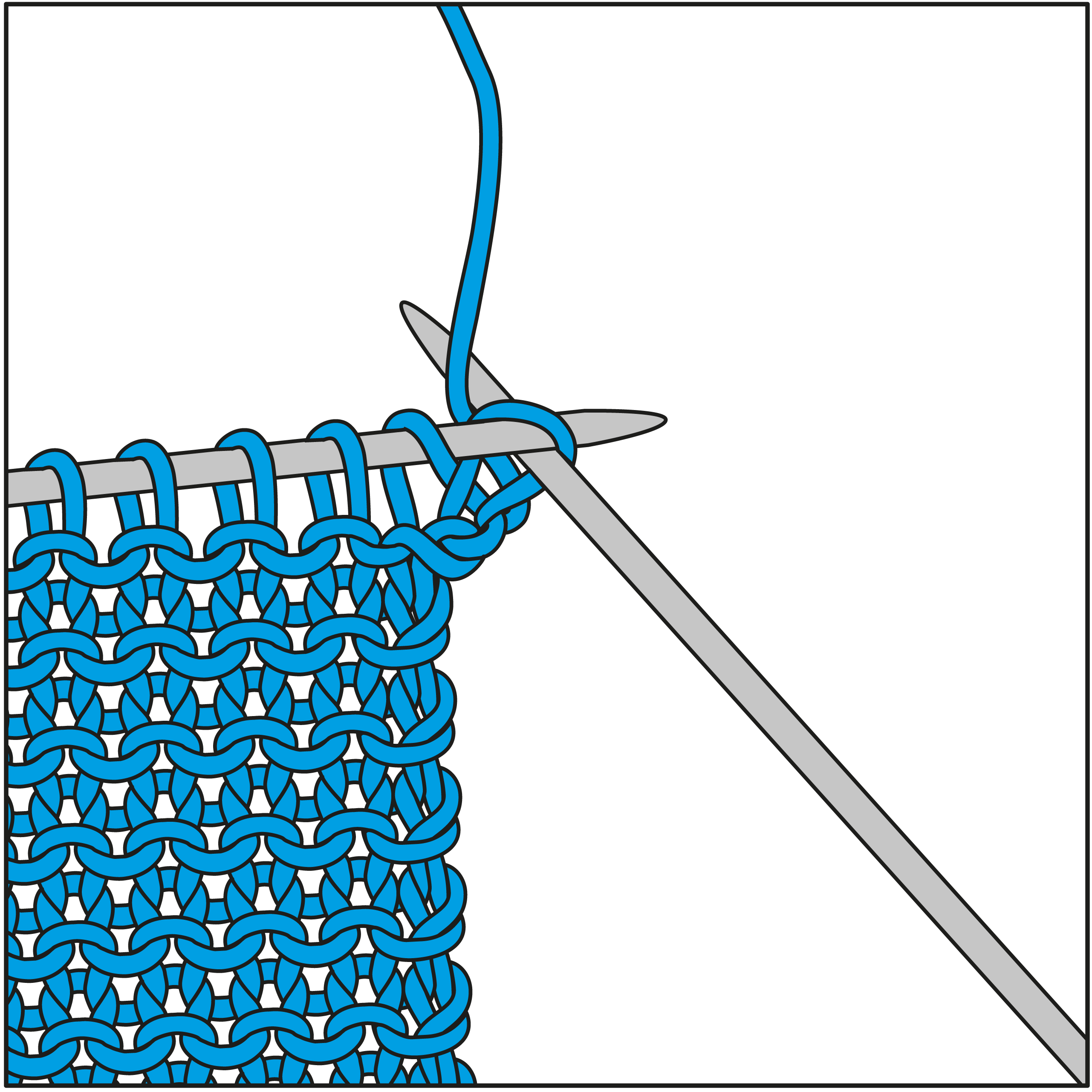 Detail eines blauen Strickprojekts in modischem, selbstgemachtem Design. Feine Maschen, handgefertigt.