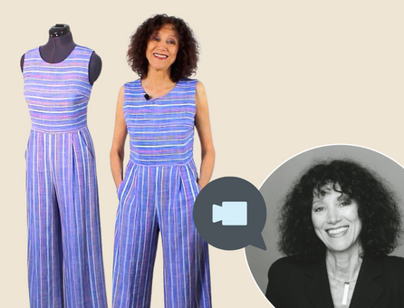 Ärmelloser gestreifter Jumpsuit in Blau-Lila, tailliert, weite Hosenbeine, trendig, handgemacht.