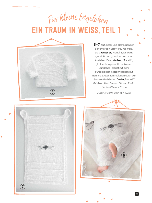 Modisches Babyset in Weiß, kraus gestrickt. Jacke und Hose mit Katzenmotiv. DIY-Handarbeit, bequem und stilvoll.