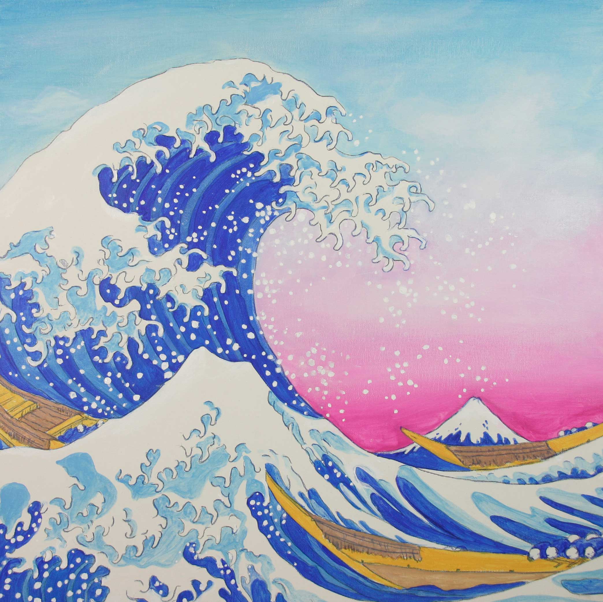 Intensives Blau, rosa Akzente, kräftige Linien. Japanische Inspiration. Handmalerei, lebendig, ausdrucksstark.