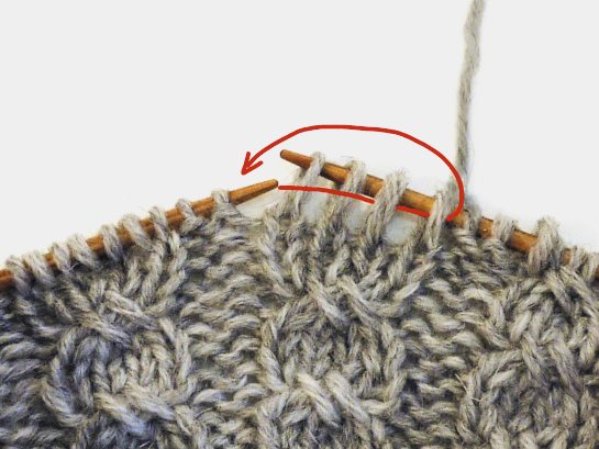 Grau meliertes, handgestricktes Zopfmuster; selbstgemacht, kunstvoll, detailreich.