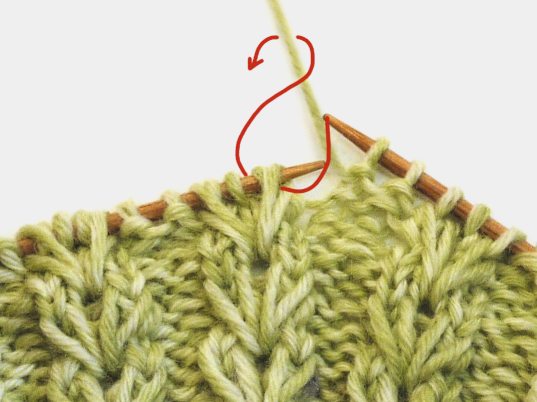Handgemachtes Strickmuster in Grün, mit komplexen Verflechtungen. Diy-Charme, modischer Akzent.