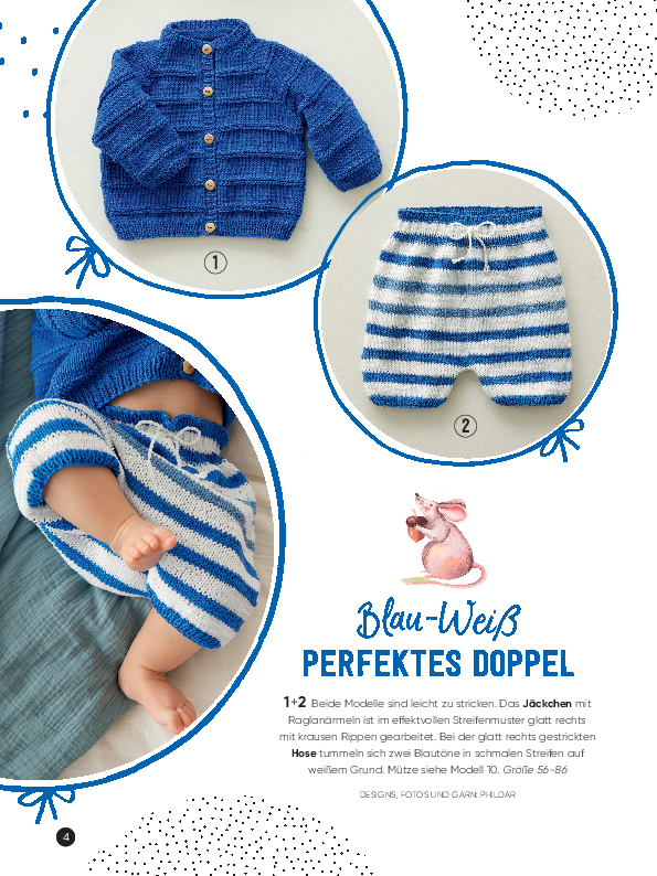 Selbstgemachtes Set: Blau gestreiftes Jäckchen und Hose, Strickmuster, gemütlich, handgearbeitet, modisch.