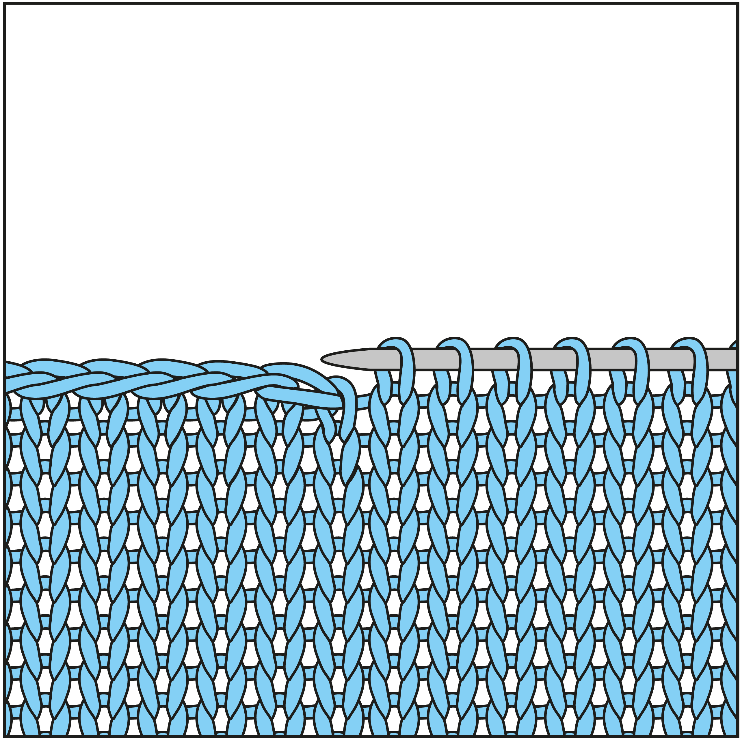 Hellblaues, gleichmäßiges Strickmuster, handgemacht, DIY, mit präzisen Maschen auf Metallnadel.