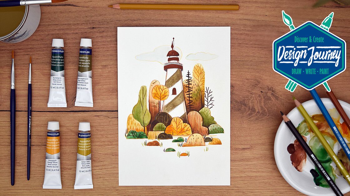 DIY Aquarellbild, warme Herbstfarben, detailreich; Pinsel und Farben seitlich arrangiert, modisch inspiriert.