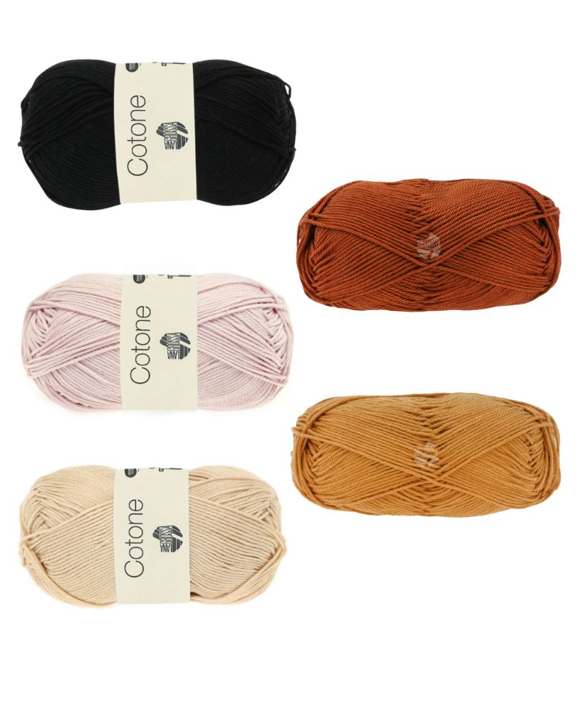 Klassisches Garn in Schwarz, Rost, Rosa, Beige und Senf. Ideal für DIY und handgemachte Projekte.