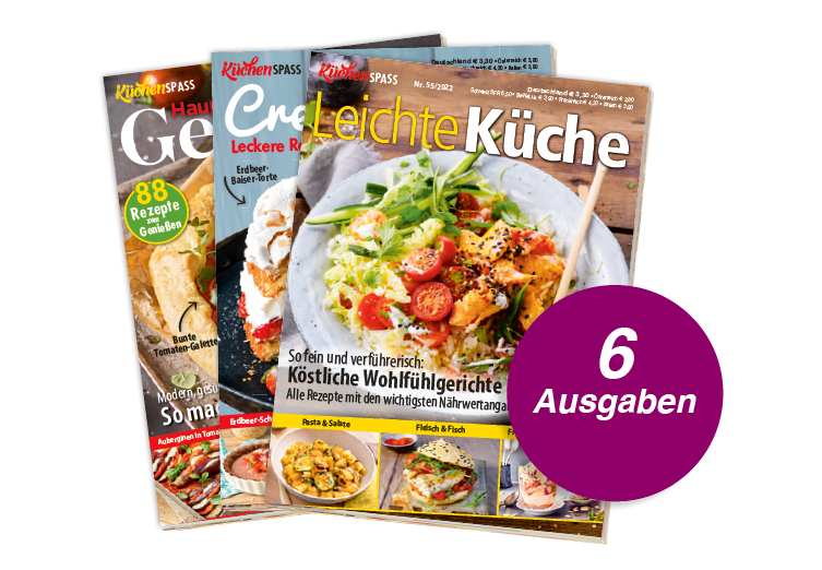 KüchenSPASS - Abo Moderne Gestaltung, kräftige Farben, vielseitige Muster, ansprechendes Layout, abwechslungsreiche Themenvielfalt.