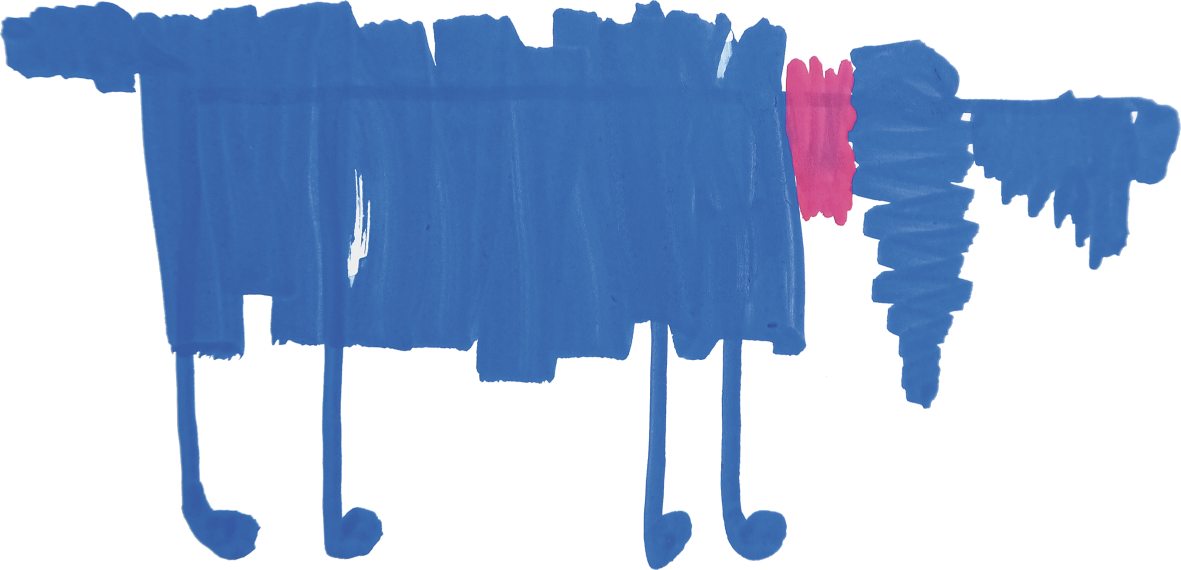 Ein blaues, blockförmiges Gewand mit markanten Linien und einem auffälligen pinken Detail. Modisch, handgefertigt.