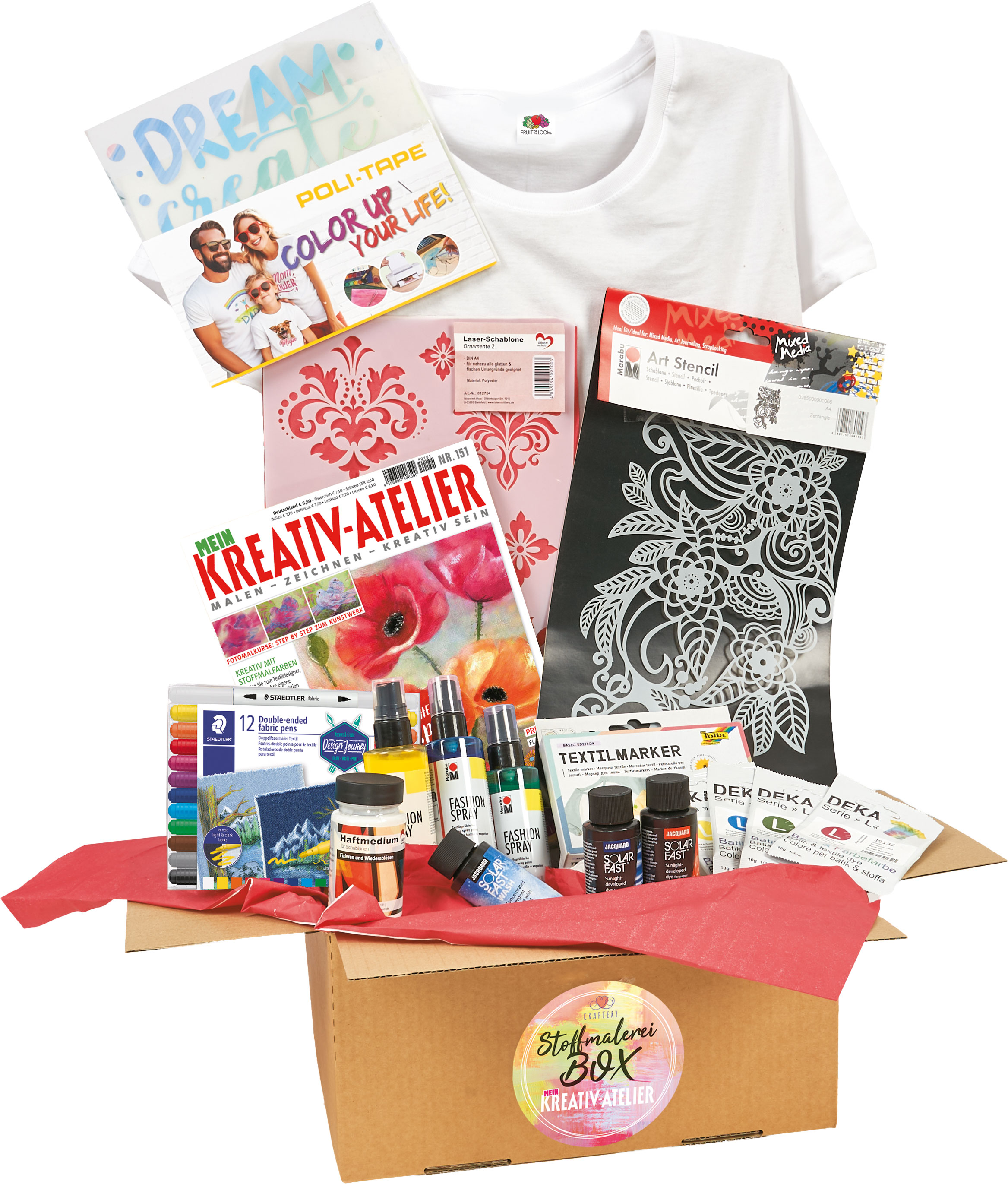 JubiläumsBox Mein Kreativ Atelier Modisches Stoffmalerei-Set mit Textilmarkern, Schablonen und einem weißen T-Shirt. Kreativ, handgemacht, individuell.