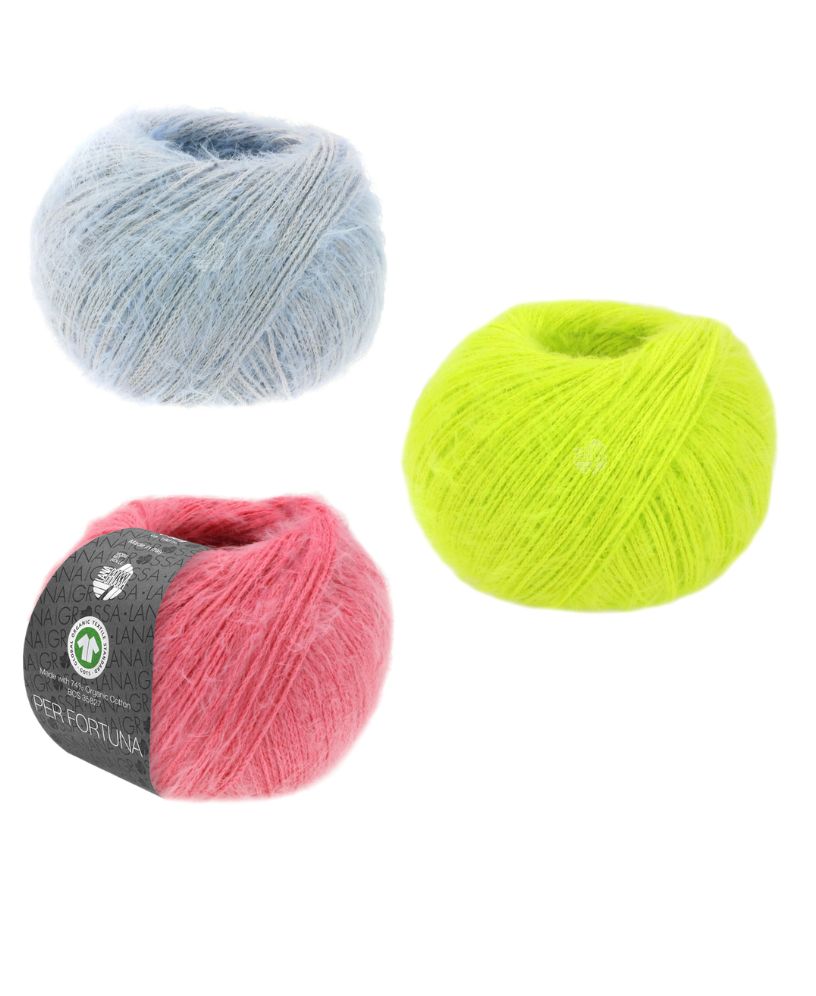 Leuchtendes Garn in Blau, Neon-Gelb und Pink. Perfekt für handgemachte, kreative DIY-Projekte.