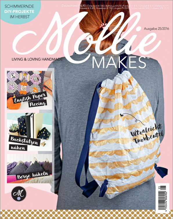 Ultraleichter Turnbeutel: Weiß mit gelben Wellen, dunkelblauen Bändern. Modisch, selbstgemacht, einzigartig.