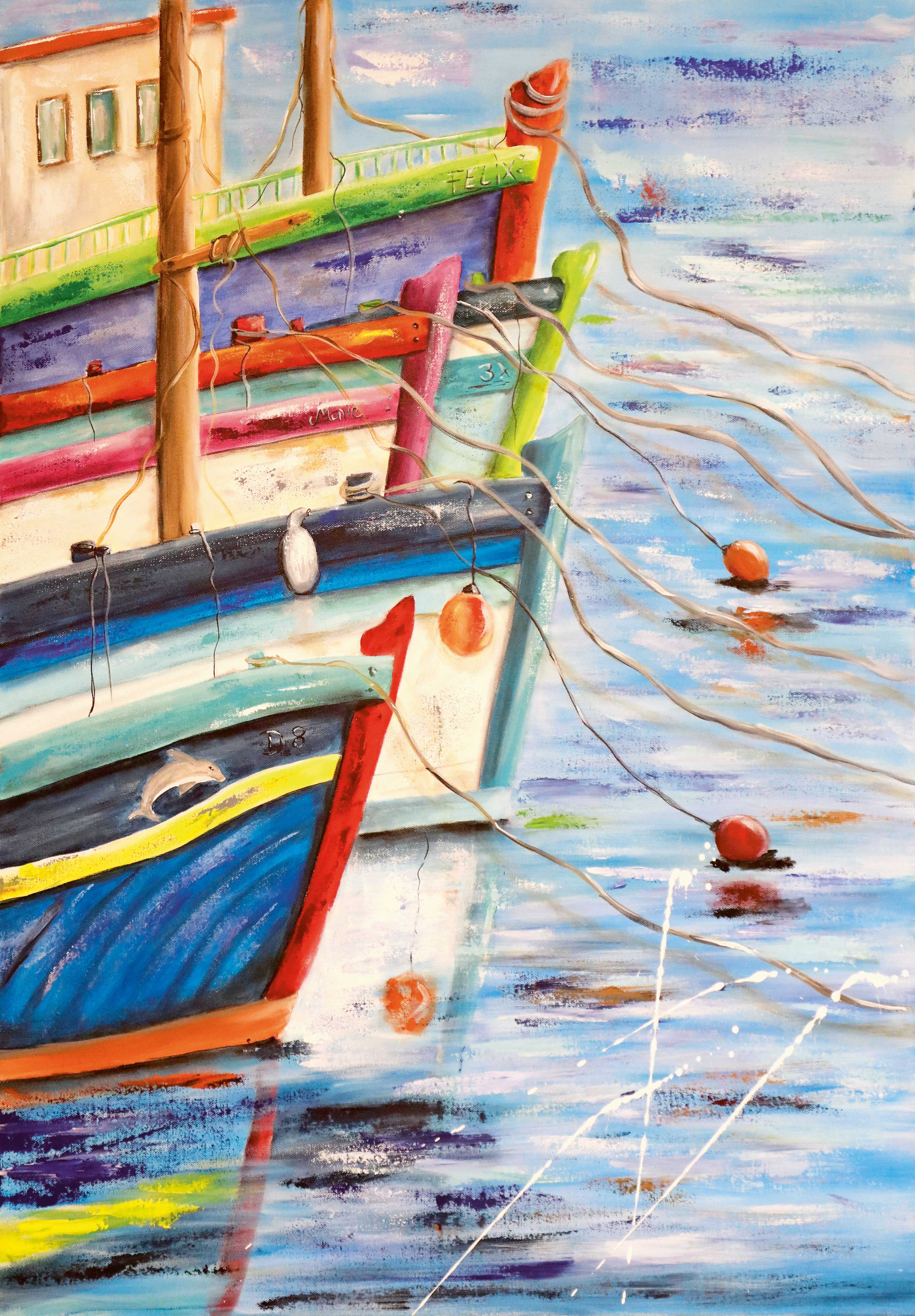Bunte Boote mit lebhaften Farben, kreative Linienführung, handgemalt und einzigartig im Design.