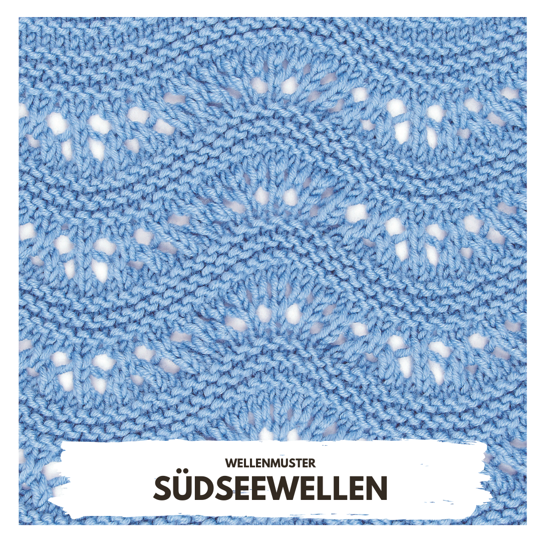 Handgemachter Stoff in Blau, mit wellenartig gestricktem Design. Modische Strickarbeit im DIY-Stil.