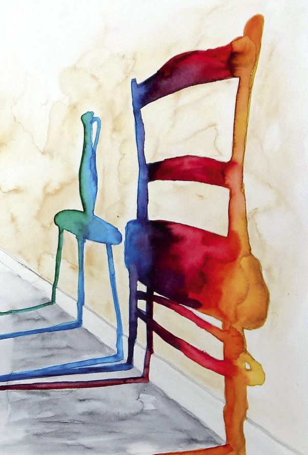 Farbenfrohe Stühle in Aquarell, fließende Rot-Blau-Töne, kunstvolle Darstellung, originell, kunstvoll.