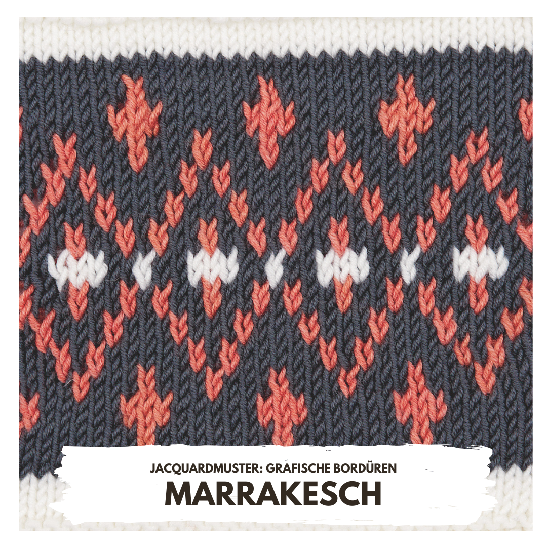 Handarbeit in Blau, Weiß, Orange; geometrische Muster; modisch, kunstvoll gestrickt.