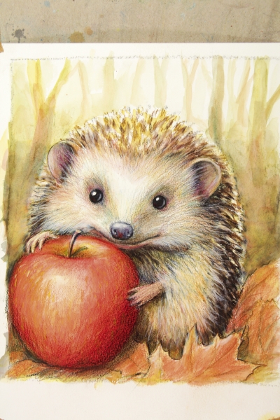 Niedlicher Igel mit realistischem, selbstgemachtem Design und strukturierter Schattierung. Kunstvoll und handgemalt.