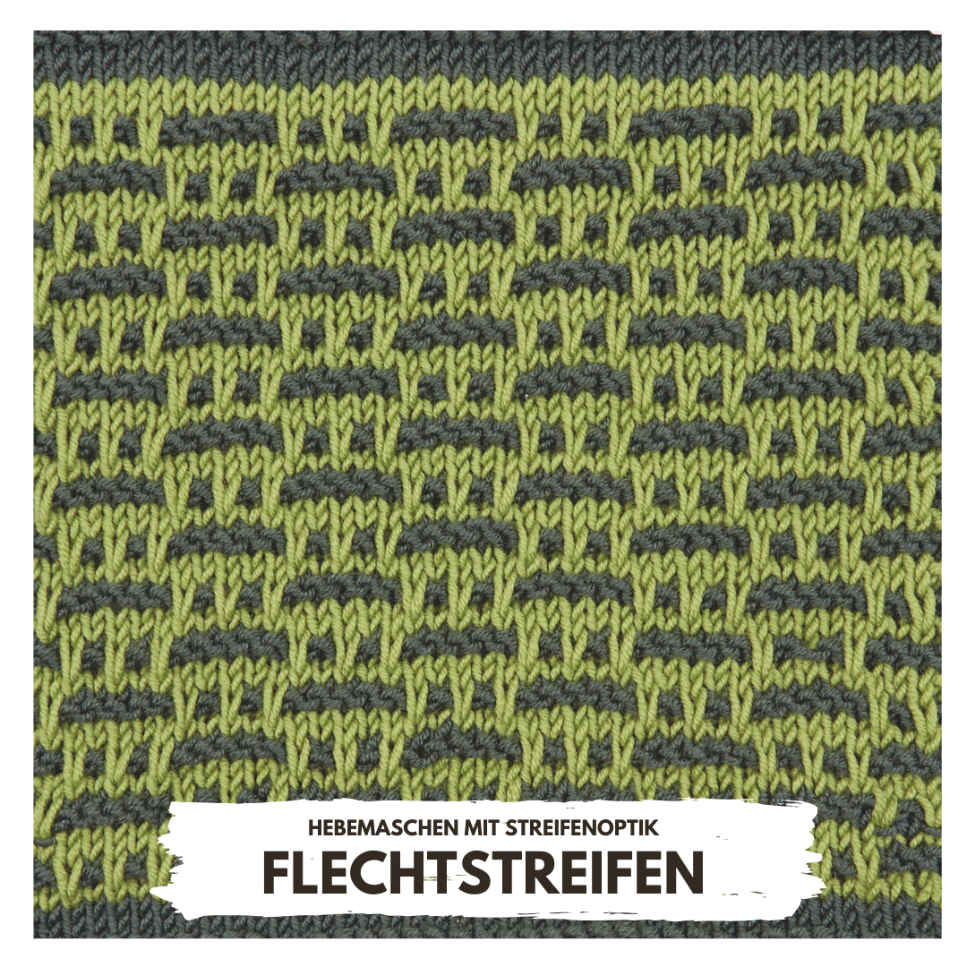 Grünes und graues Strickmuster mit Flechtstreifen in Hebemaschen. Handgemacht, gemütlich und stilvoll.