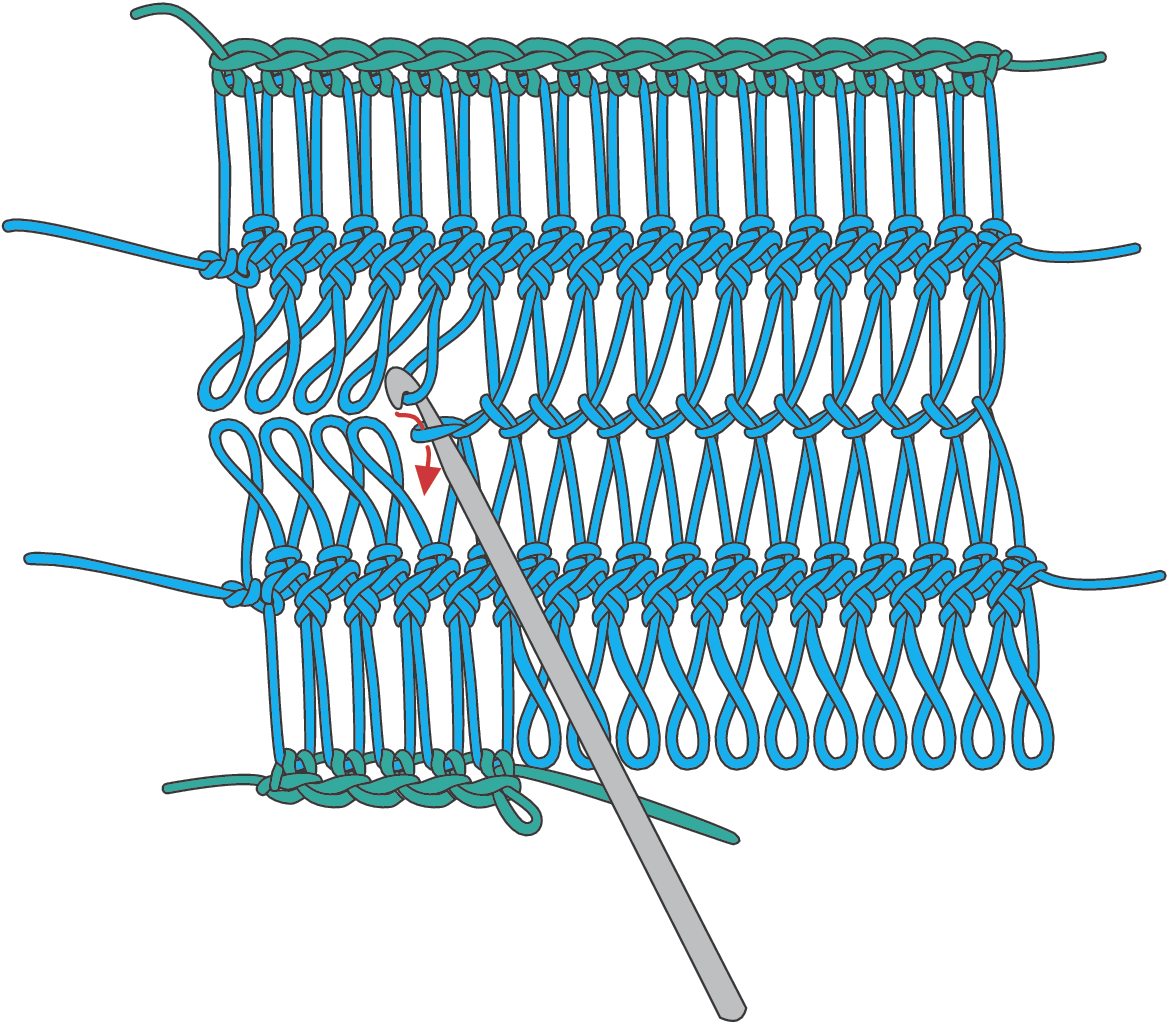 Handgearbeitetes Muster in Blau und Grün. Modische, DIY-Technik mit klassischen Häkelstichen.