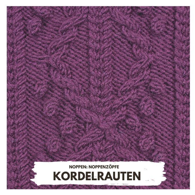 Violett gestrickt, handgemacht, Kordelrauten-Muster mit Zöpfen. Texturreich und modisch.