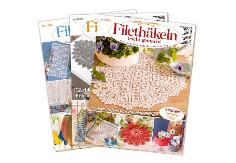 Magazincover mit filigranen, selbstgemachten Häkeldekorationen, modische Muster, DIY-Materialien.