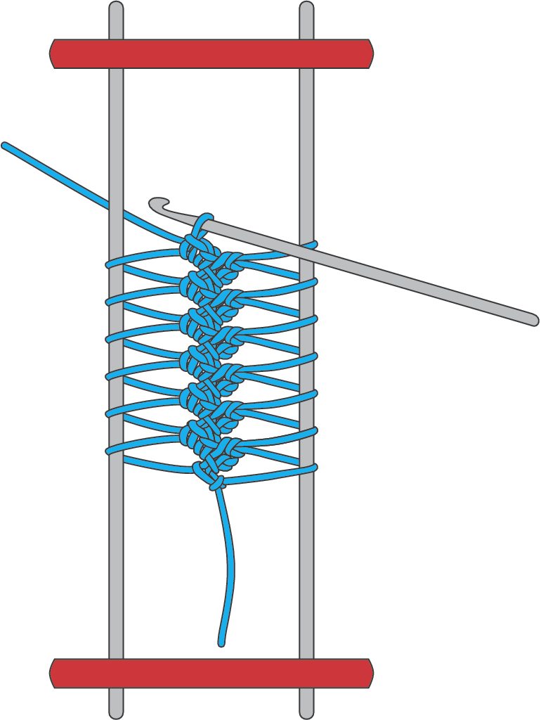 Blaues Garn in komplexem Makrameemuster, modisch und handgemacht mit rotem oberen und unteren Rahmen.