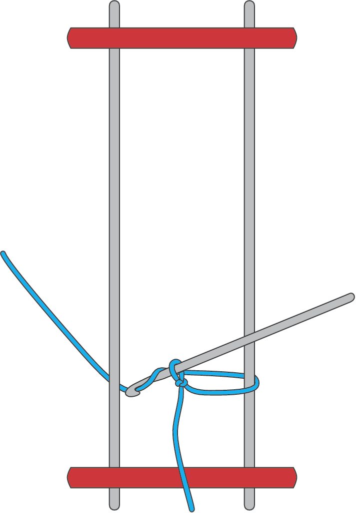 DIY Webprozess: Blaue Fäden auf grauen Stäben mit roten Endstücken, handwerklich.