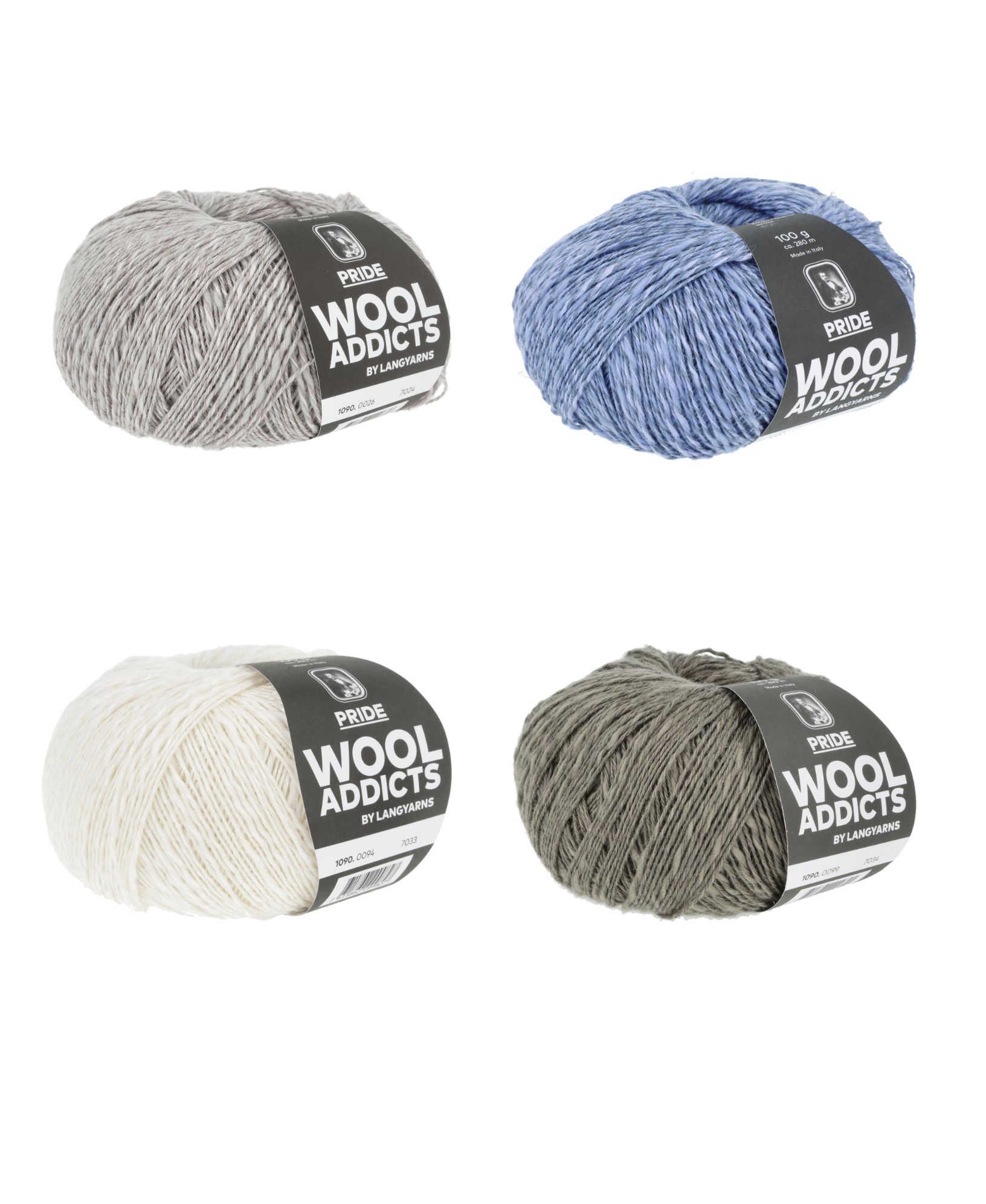 Vier Wollknäuel: grau, blau, weiß, oliv. Ideal für DIY, modisch und handgemacht.