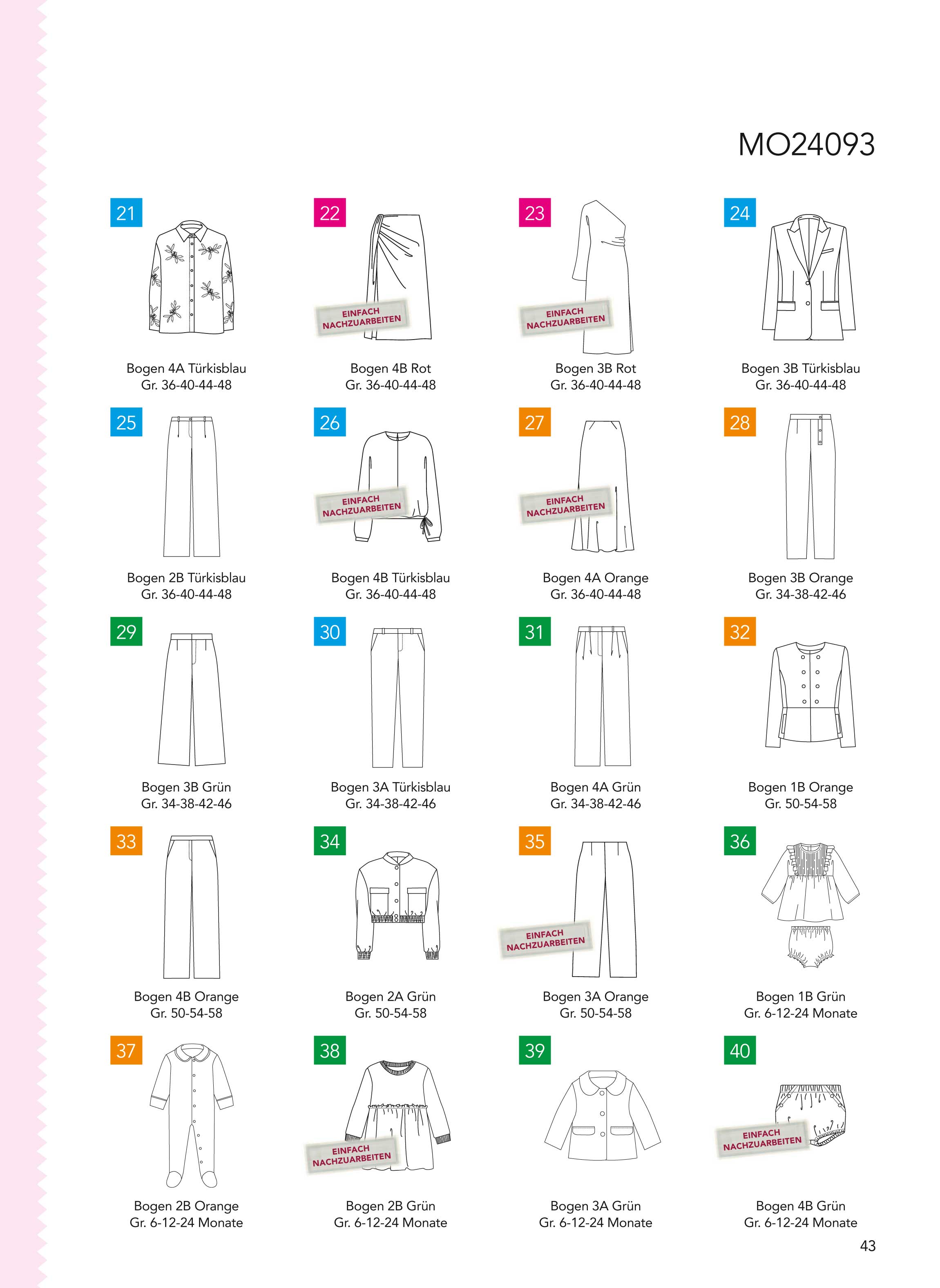 Modische Schnitte: Hemden, Jacken, Kleider, Hosen. Farbskala: Türkis, Rot, Grün, Orange. Handarbeit, DIY-Kreationen.