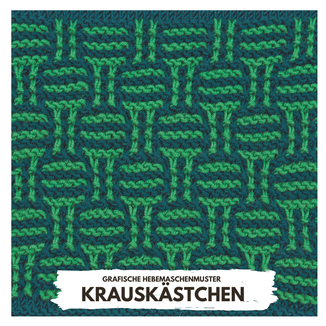 Grünes Hebemaschenmuster auf Blau, geometrisch und selbstgemacht, ideal für DIY-Projekte.