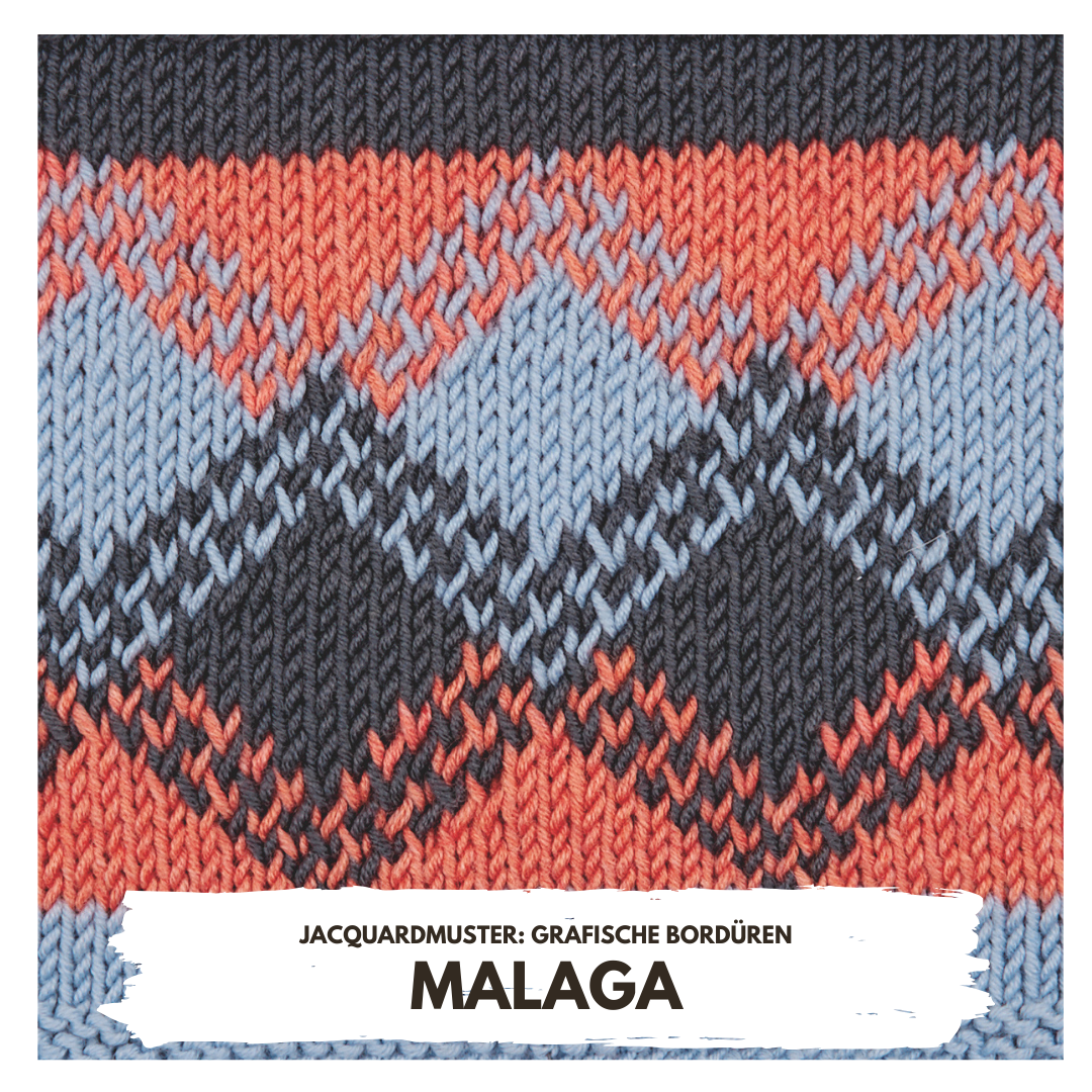 Modisches Jacquardmuster in Blau, Rot. Grafische Bordüren, handgemacht. Strick mit geometrischem Flair.
