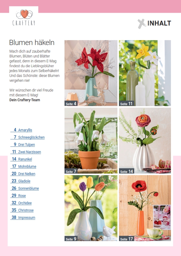 Farbenfrohe, handgemachte Häkelblumen in vielseitigen Mustern. Ideal für DIY-Enthusiasten.